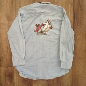 VTG Ketchikan Alaska Polar‎ Bear Men's Medium Button Up Denim Shirt Beaver Snow